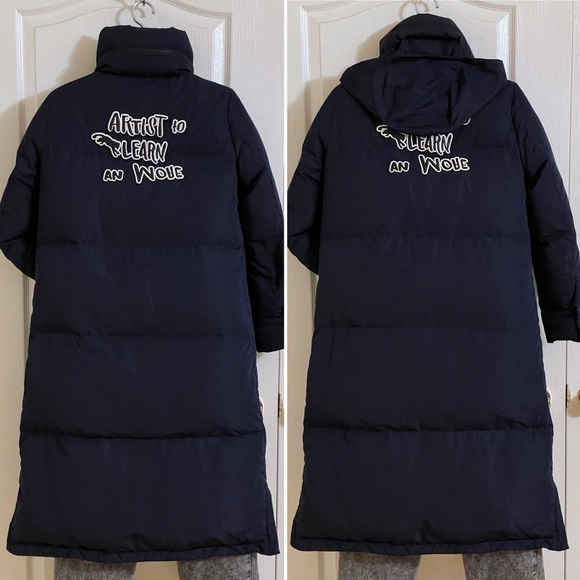 EUC PEACEBIRD midi length down puffer parka coat with hidden hood, navy blue - Picture 12 of 16